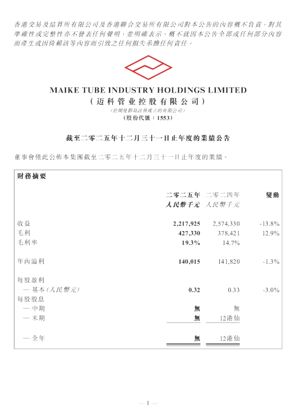 迈科管业：截至二零二五年十二月三十一日止年度的业绩公告