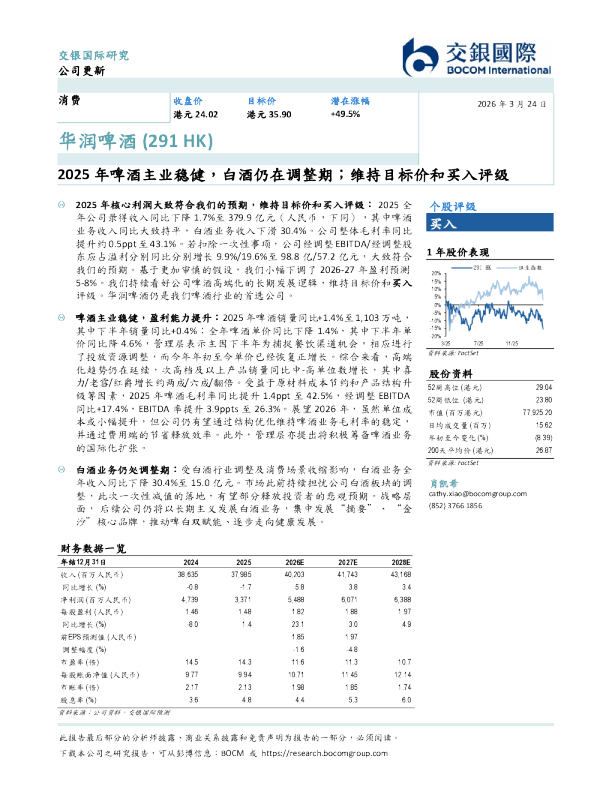 2025年啤酒主业稳健，白酒仍在调整期；维持目标价和买入评级