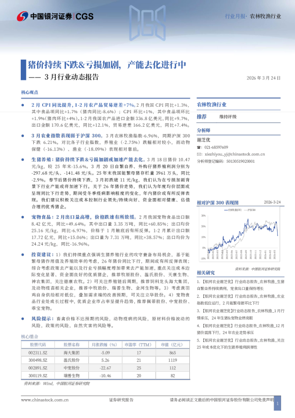 农林牧渔行业3月行业动态报告：猪价持续下跌&亏损加剧，产能去化进行中