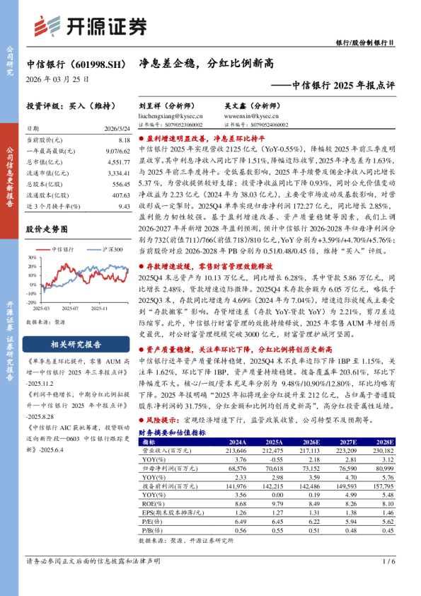 中信银行2025年报点评净息差企稳，分红比例新高