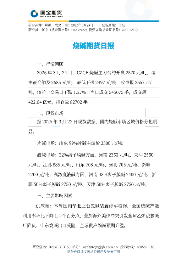烧碱期货日报