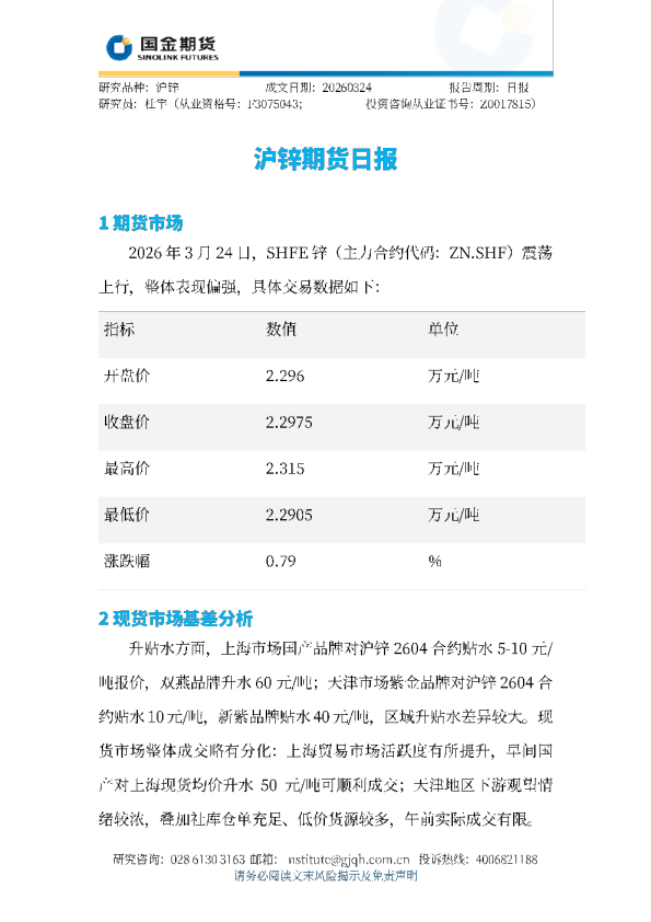 沪锌期货日报