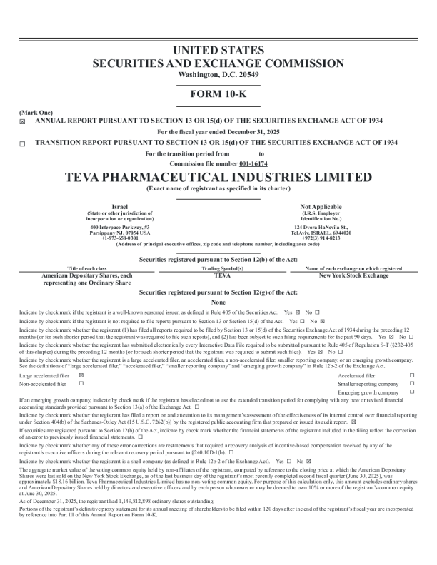 Teva Pharmaceutical Industries（TEVA）2025年10-K年度报告