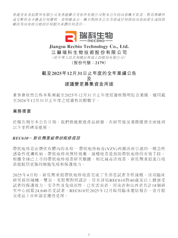 瑞科生物-B：截至2025年12月31日止年度的全年业绩公告及建议变更募集资金用途