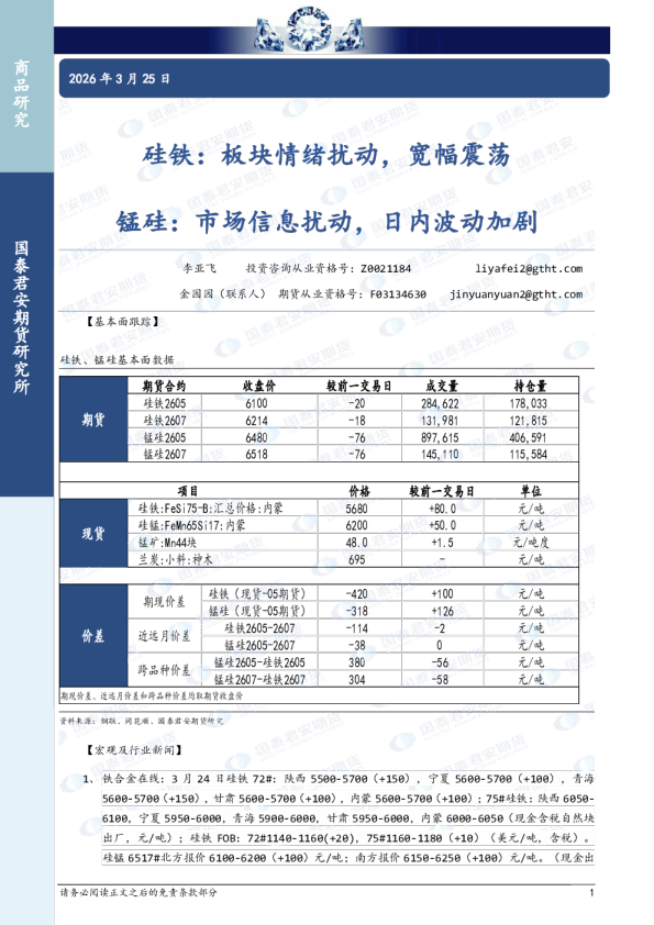 硅铁：板块情绪扰动，宽幅震荡 锰硅：市场信息扰动，日内波动加剧