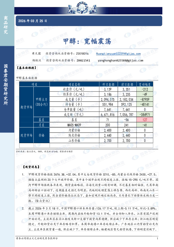 甲醇：宽幅震荡