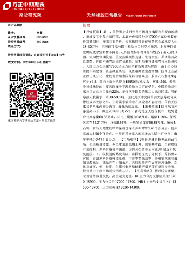 方正中期天然橡胶日度策略报告20260325