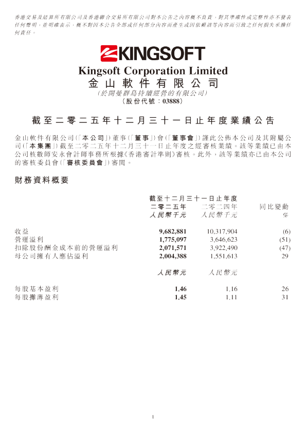 金山软件：截至二零二五年十二月三十一日止年度业绩公告