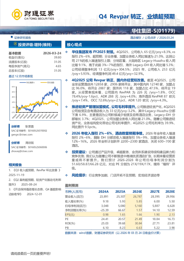 Q4 Revpar 转正,业绩超预期