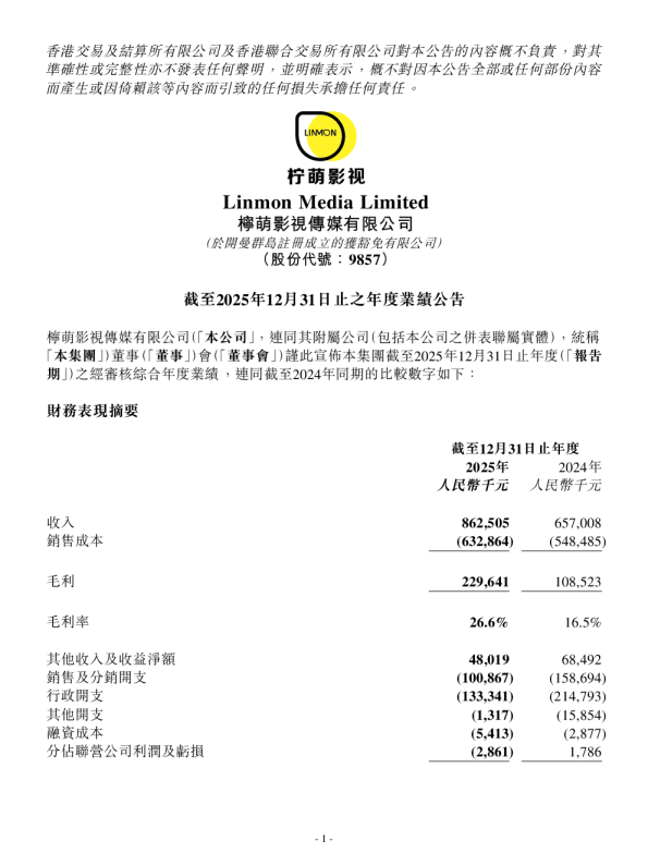 柠萌影视：截至2025年12月31日止之年度业绩公告
