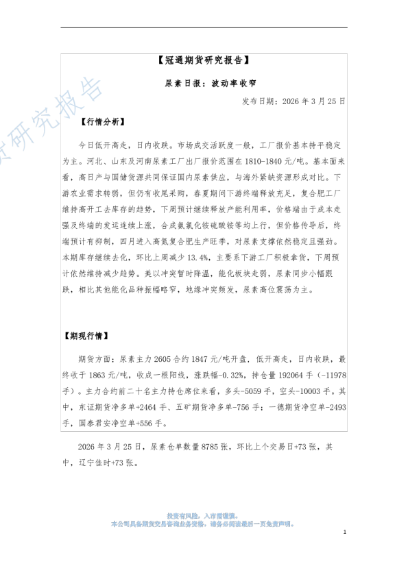 尿素日报:波动率收窄