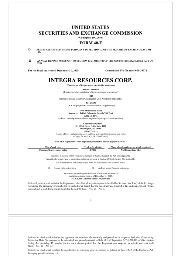 Integra Resources Corp 2025年度报告