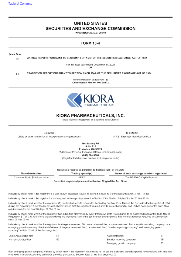 Kiora Pharmaceuticals Inc 2025年度报告