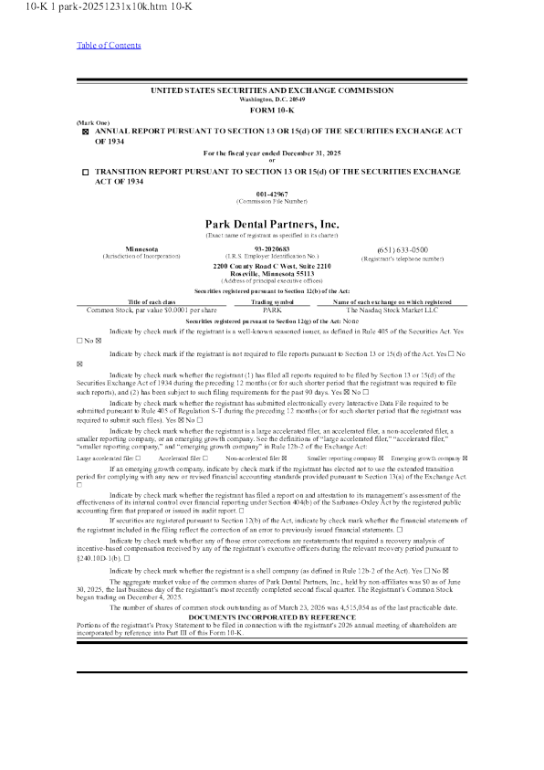 Park Dental Partners Inc 2025年度报告