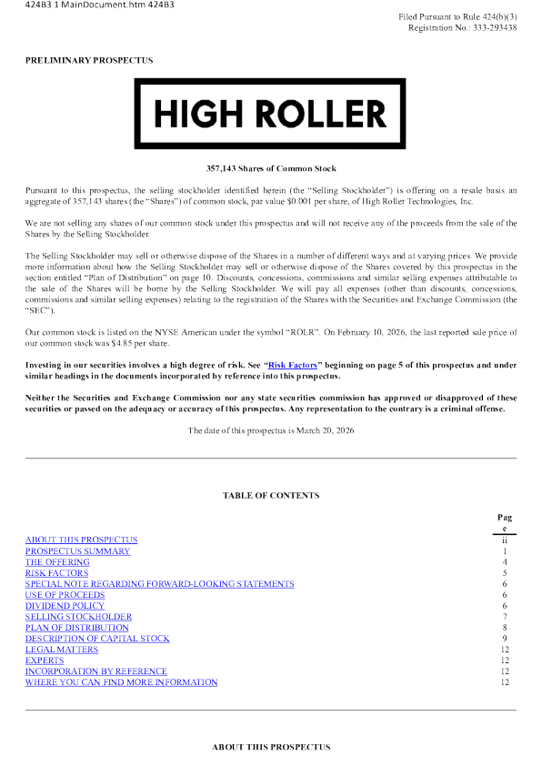 High Roller Technologies Inc美股招股说明书(2026-03-25版)