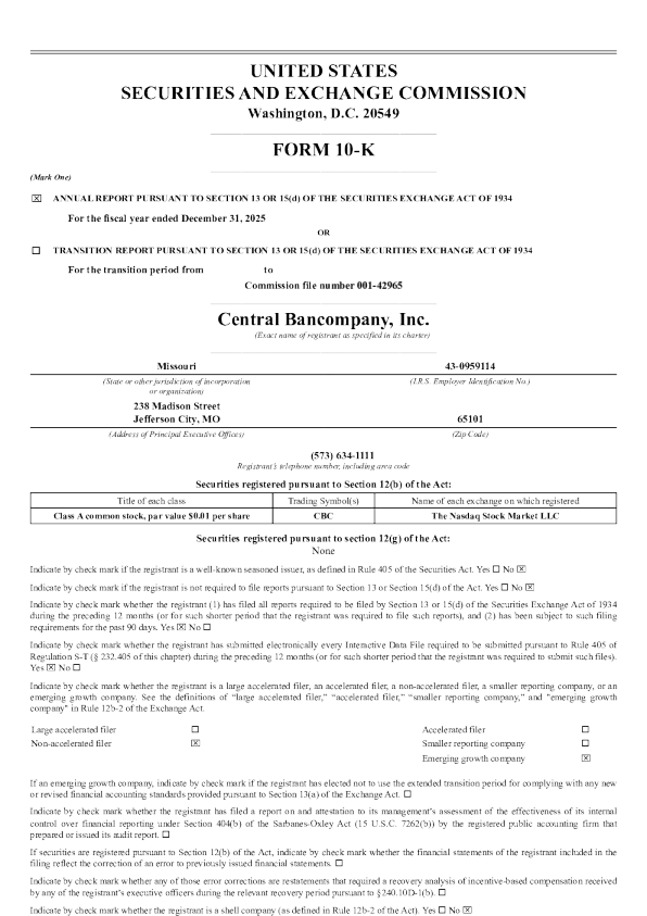 Central Bancompany Inc-A 2025年度报告