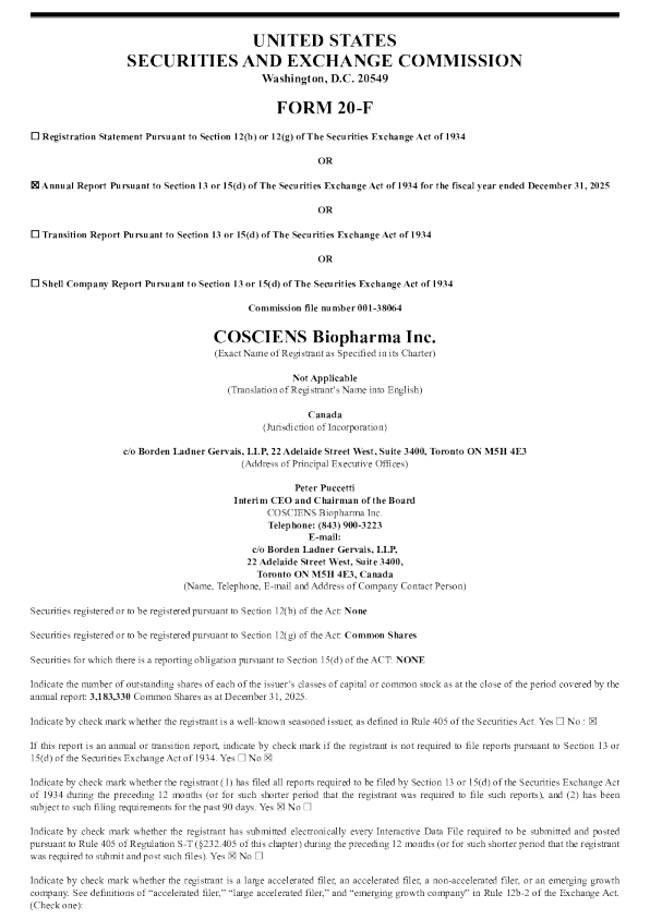 COSCIENS Biopharma Inc 2026年年度报告和过渡报告