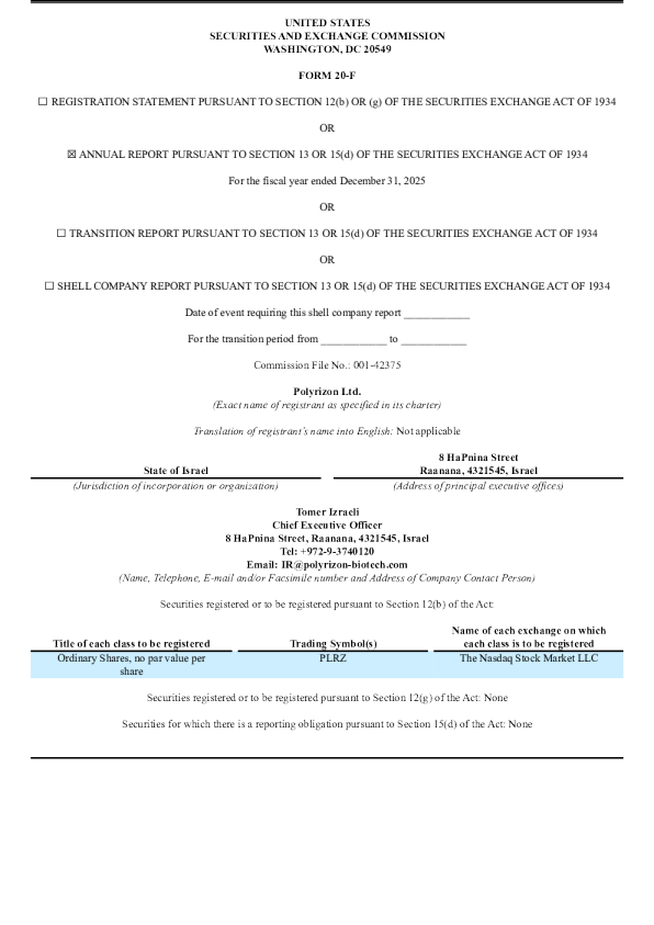Polyrizon Ltd 2026年年度报告和过渡报告