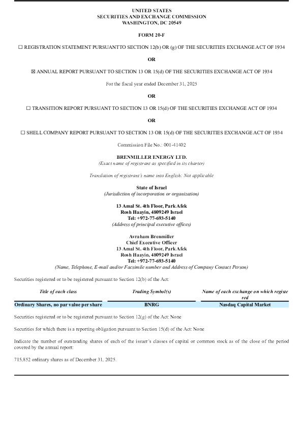 Brenmiller Energy Ltd 2026年年度报告和过渡报告