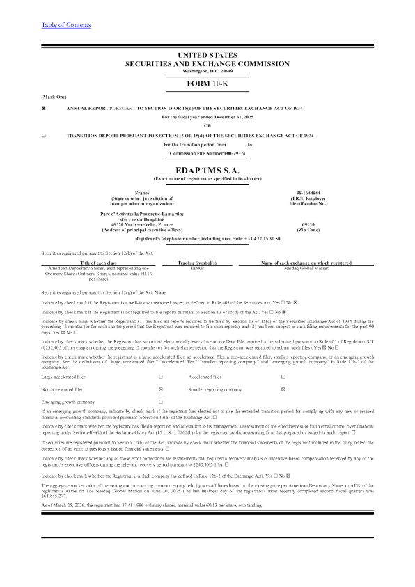 EDAP TMS SA ADR 2025年度报告