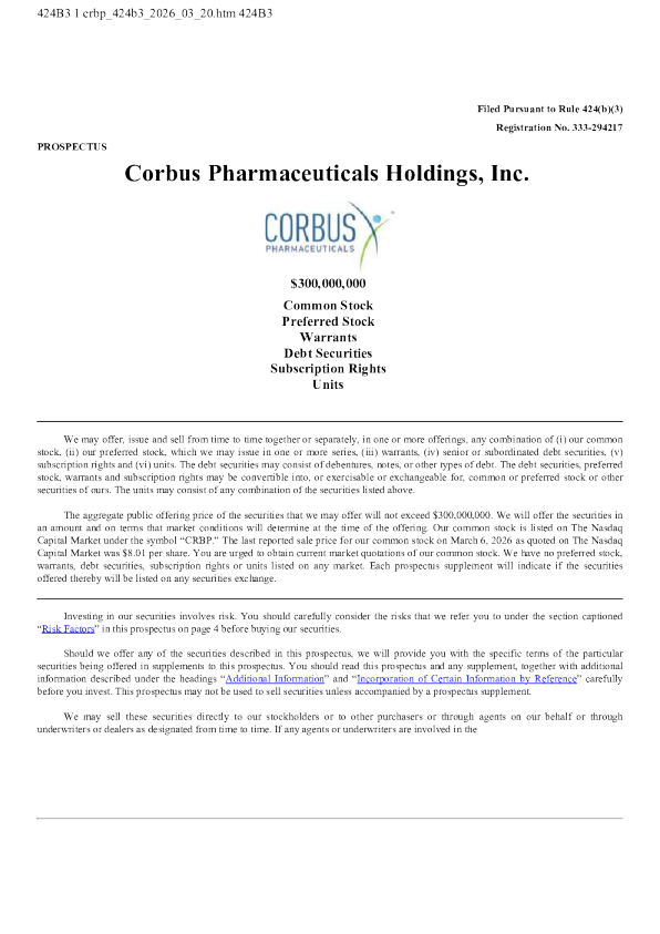 Corbus Pharmaceuticals Holdings Inc美股招股说明书(2026-03-25版)