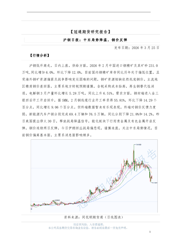 沪铜日报：中东局势降温，铜价反弹