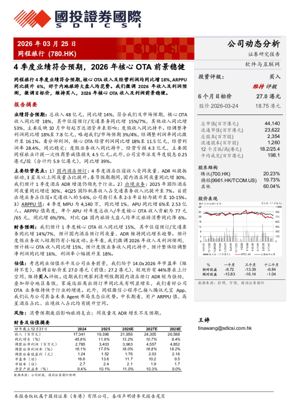 4季度业绩符合预期,2026年核心OTA前景稳健