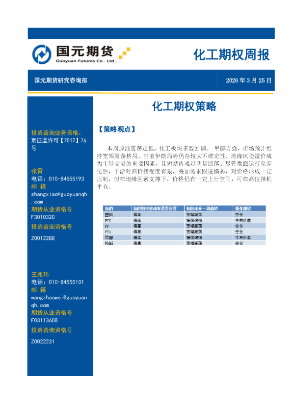化工期权周报：化工期权策略