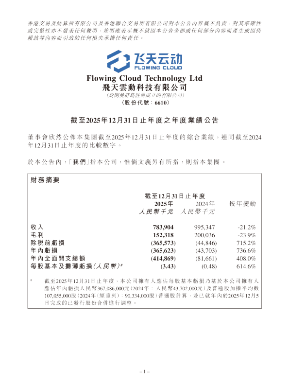 飞天云动：截至2025年12月31日止年度之年度业绩公告