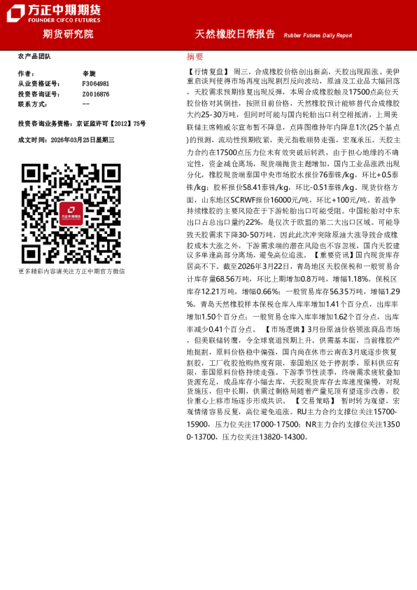 方正中期天然橡胶日度策略报告20260326