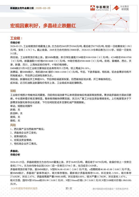 新能源及有色金属日报:宏观因素利好,多晶硅止跌翻红