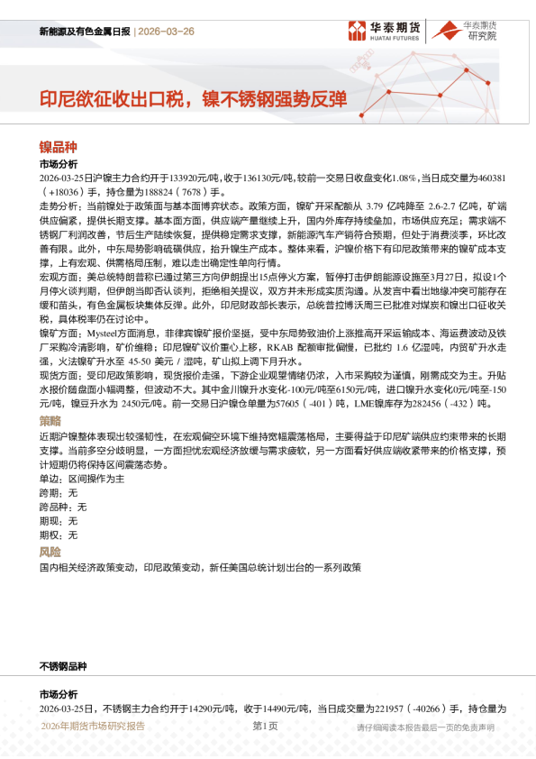 新能源及有色金属日报:印尼欲征收出口税,镍不锈钢强势反弹
