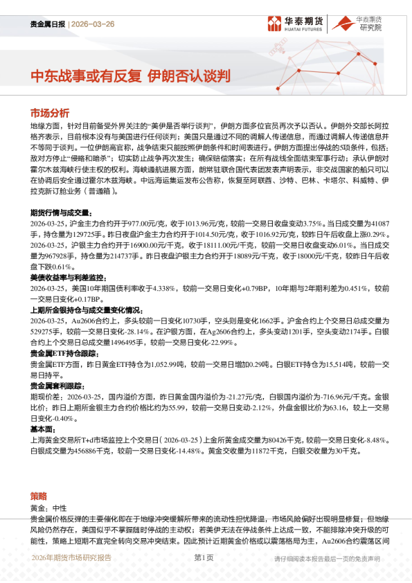 贵金属日报：中东战事或有反复 伊朗否认谈判