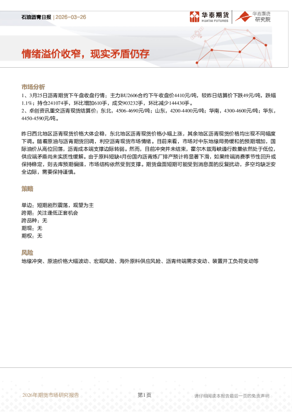石油沥青日报:情绪溢价收窄,现实矛盾仍存