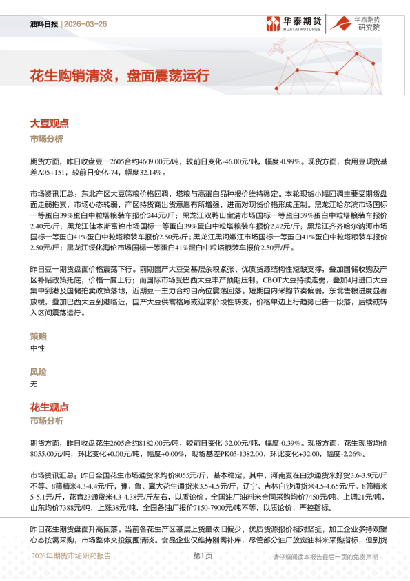 油料日报:花生购销清淡,盘面震荡运行