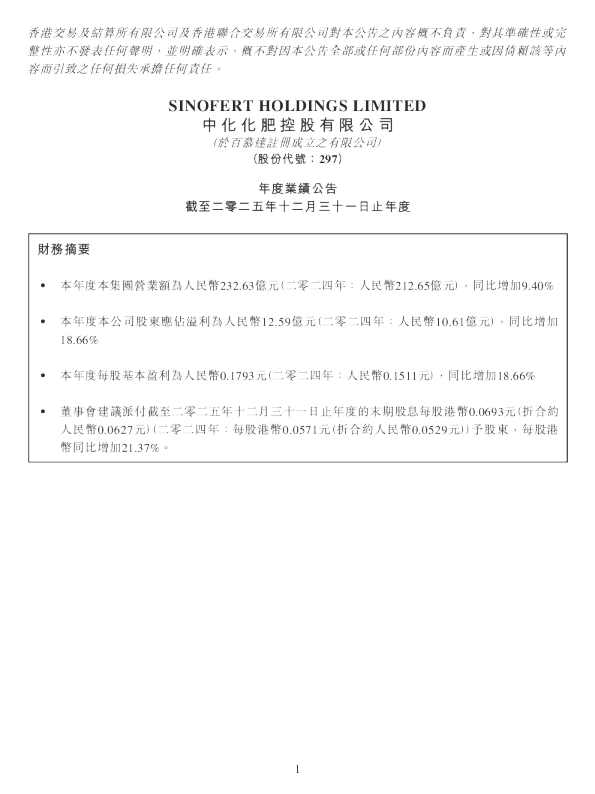 中化化肥：年度业绩公告-截至二零二五年十二月三十一日止年度
