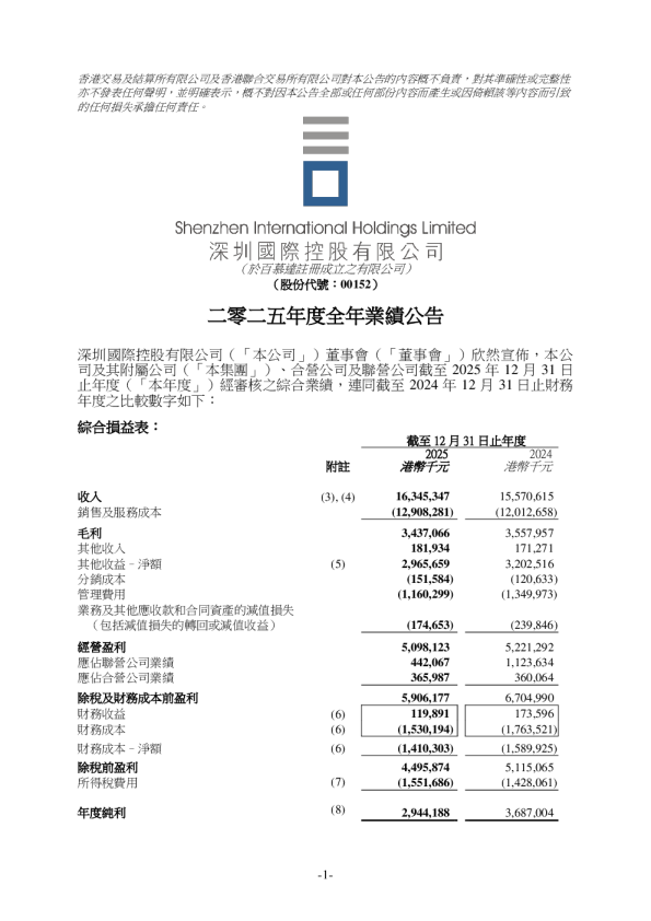 深圳国际:二零二五年度全年业绩公告