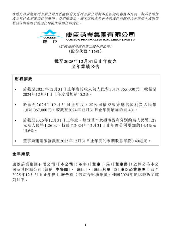 康臣药业：截至2025年12月31日止年度之全年业绩公告