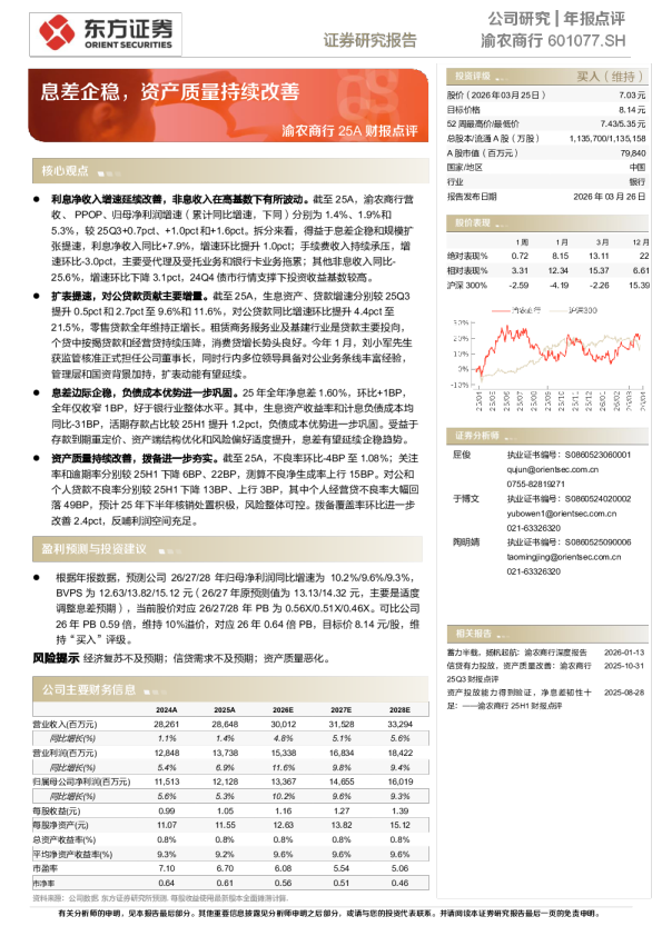 渝农商行25A财报点评:息差企稳,资产质量持续改善