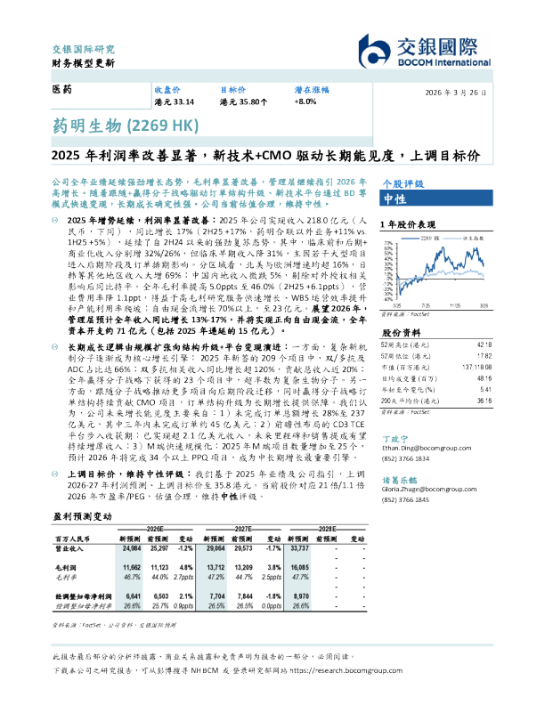 2025年利润率改善显著,新技术+CMO驱动长期能见度,上调目标价