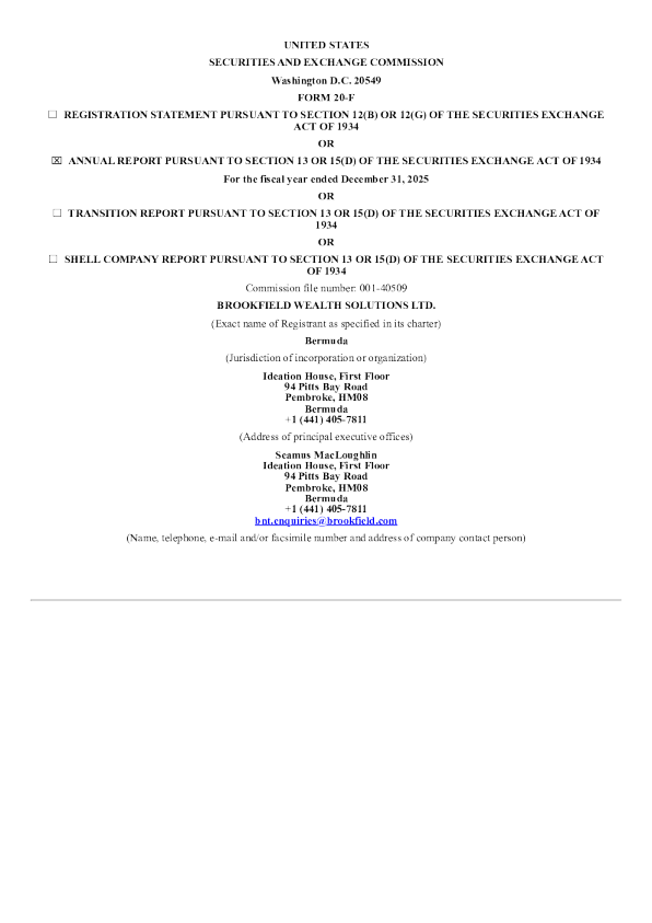 Brookfield Wealth Solutions Ltd-A 2026年年度报告和过渡报告