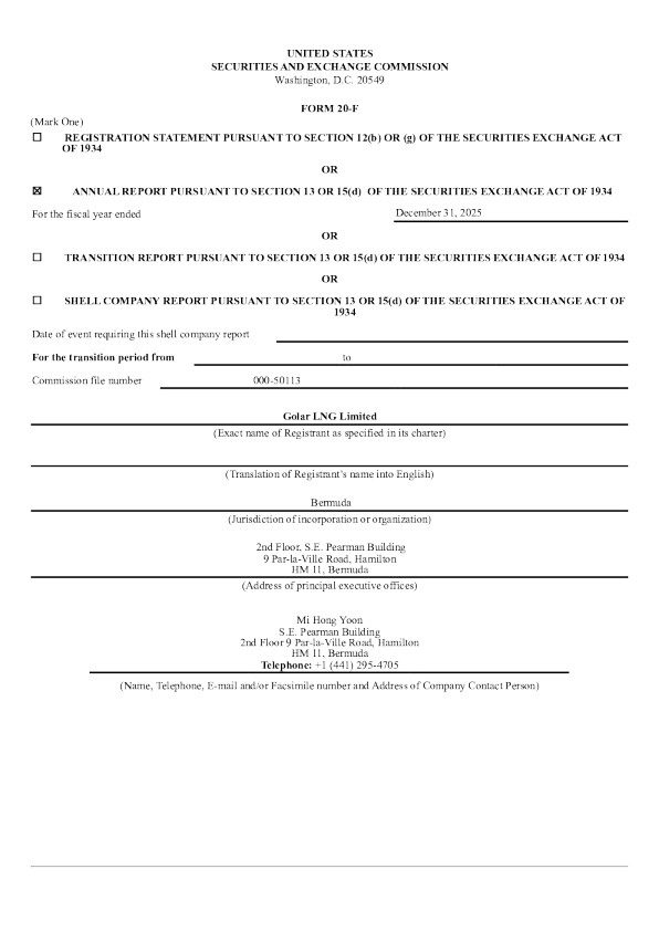 Golar LNG Ltd 2026年年度报告和过渡报告