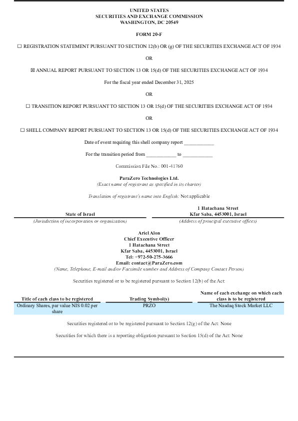 ParaZero Technologies Ltd 2026年年度报告和过渡报告