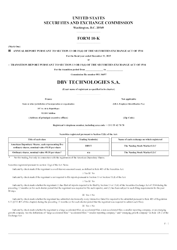 DBV Technologies SA ADR 2025年度报告