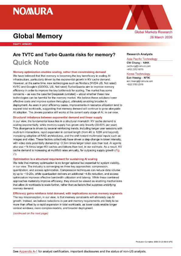 全球内存：KVTC与Turbo Quanta是内存市场的风险吗？