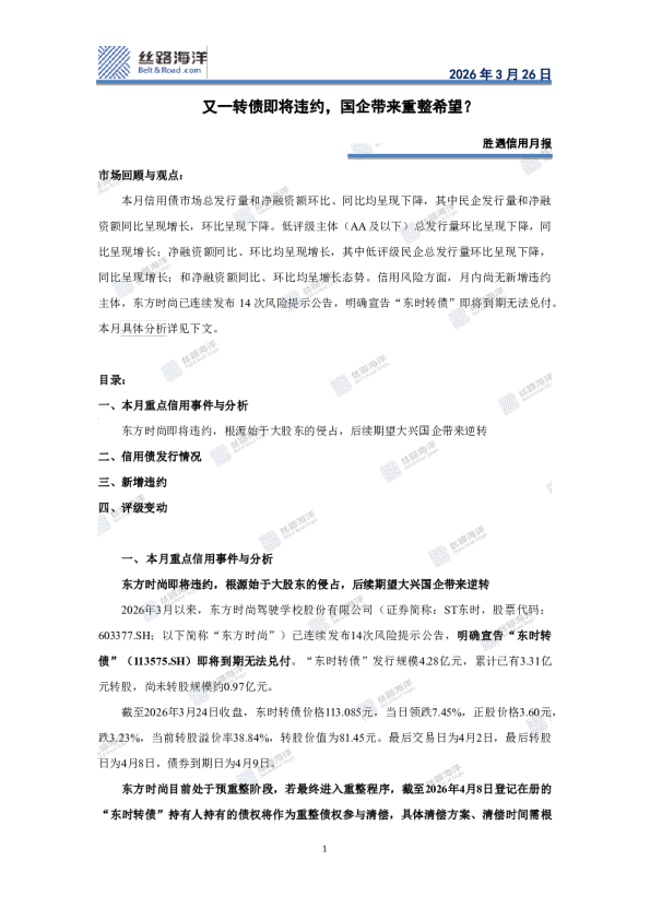 胜遇信用月报：又一转债即将违约，国企带来重整希望？