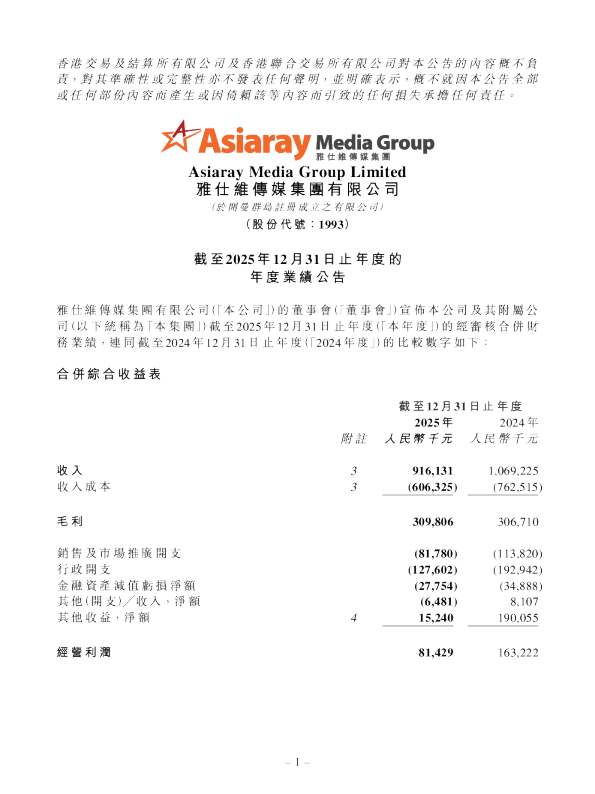 雅仕维:截至2025年12月31日止年度的年度业绩公告