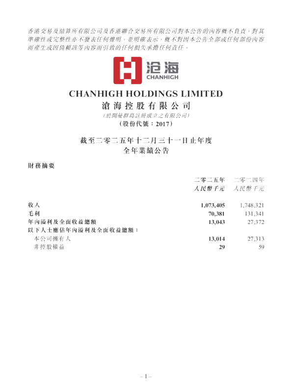 沧海控股:截至二零二五年十二月三十一日止年度全年业绩公告