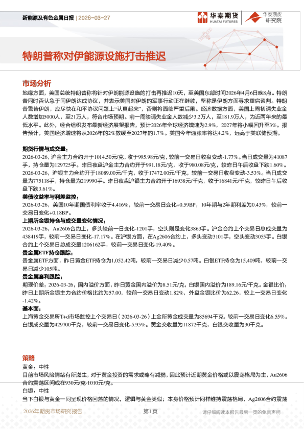 新能源及有色金属日报：特朗普称对伊能源设施打击推迟