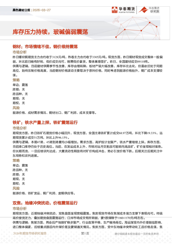 黑色建材日报:库存压力持续,玻碱偏弱震荡